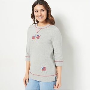 Quacker Factory French Terry 3/4 sleeve stop w/embroidery in grey w/flags